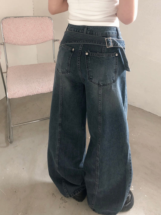 Asymmetrical Belt Denim Straight Jeans