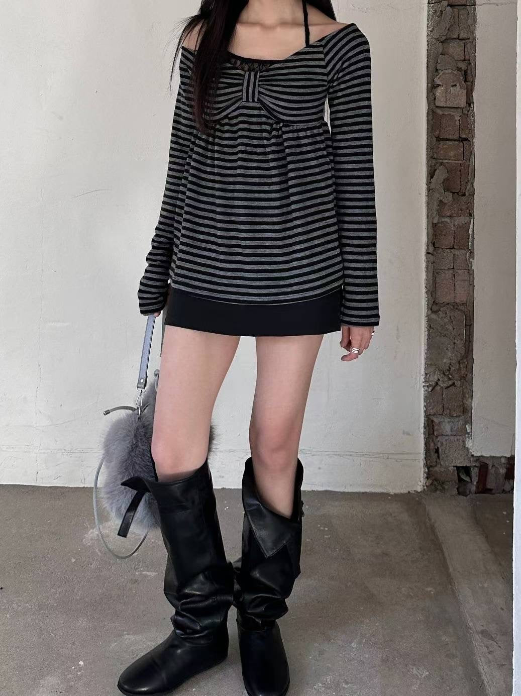 (DEC NEW) Ribbon Chest Design Off Shoulder Striped Top