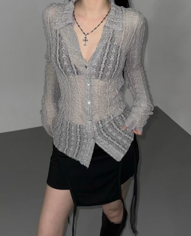 Angelique Sheer Lace Cardigan Top 4 Season (Grey)