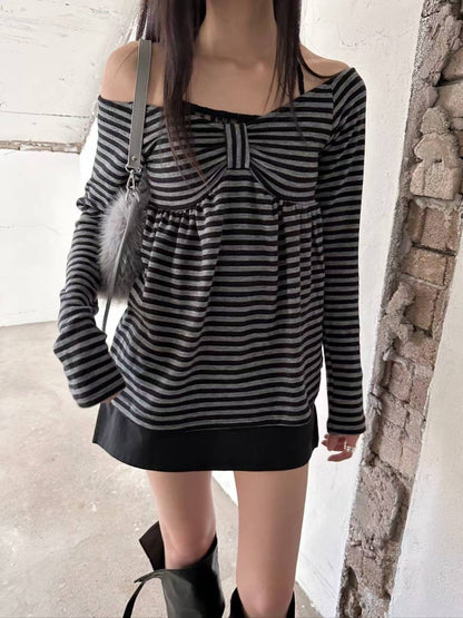 (DEC NEW) Ribbon Chest Design Off Shoulder Striped Top