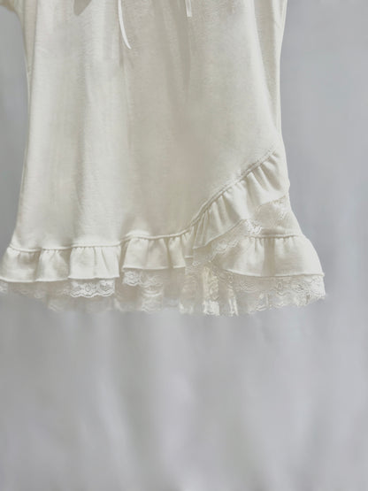 Elegant Balletcore Frill Lace Ribbon Top (White)