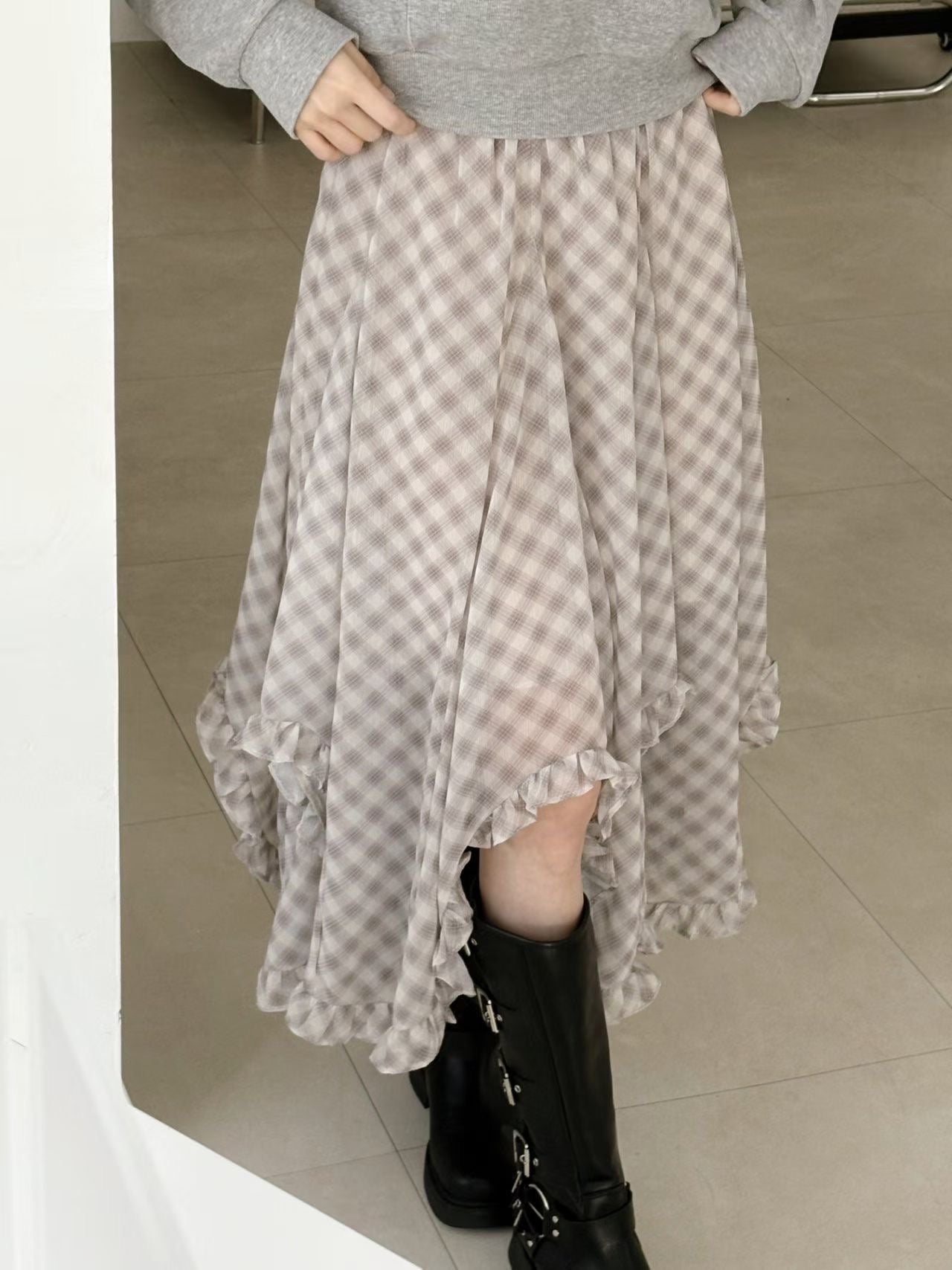 High End Chiffon Check Cross Layered Cancan Skirt