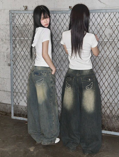 [LOOXP] Washed Back Pocket Balloon Wide Denim Pants Vintage Dark Blue