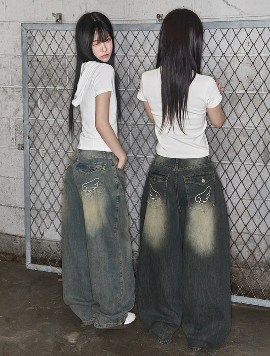 [LOOXP] Washed Back Pocket Balloon Wide Denim Pants Vintage Dark Blue