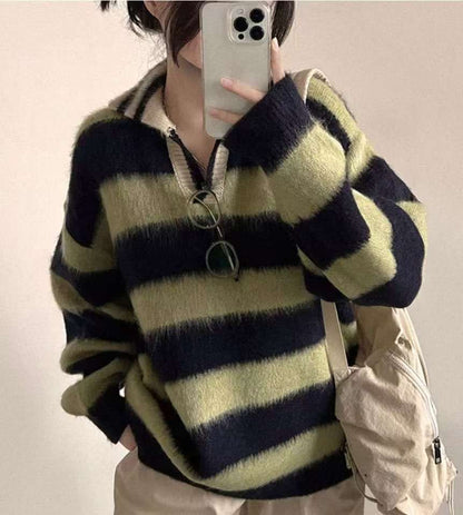 (Preorder) Unisex Collar Brush Striped Knitwear