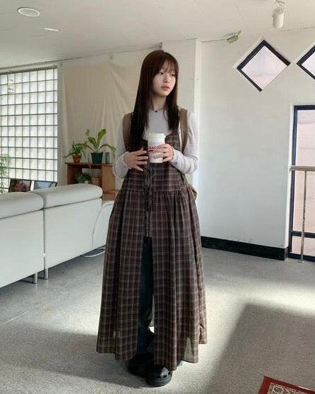 Ribbon Check 2 Way Layering Long Dress Ops