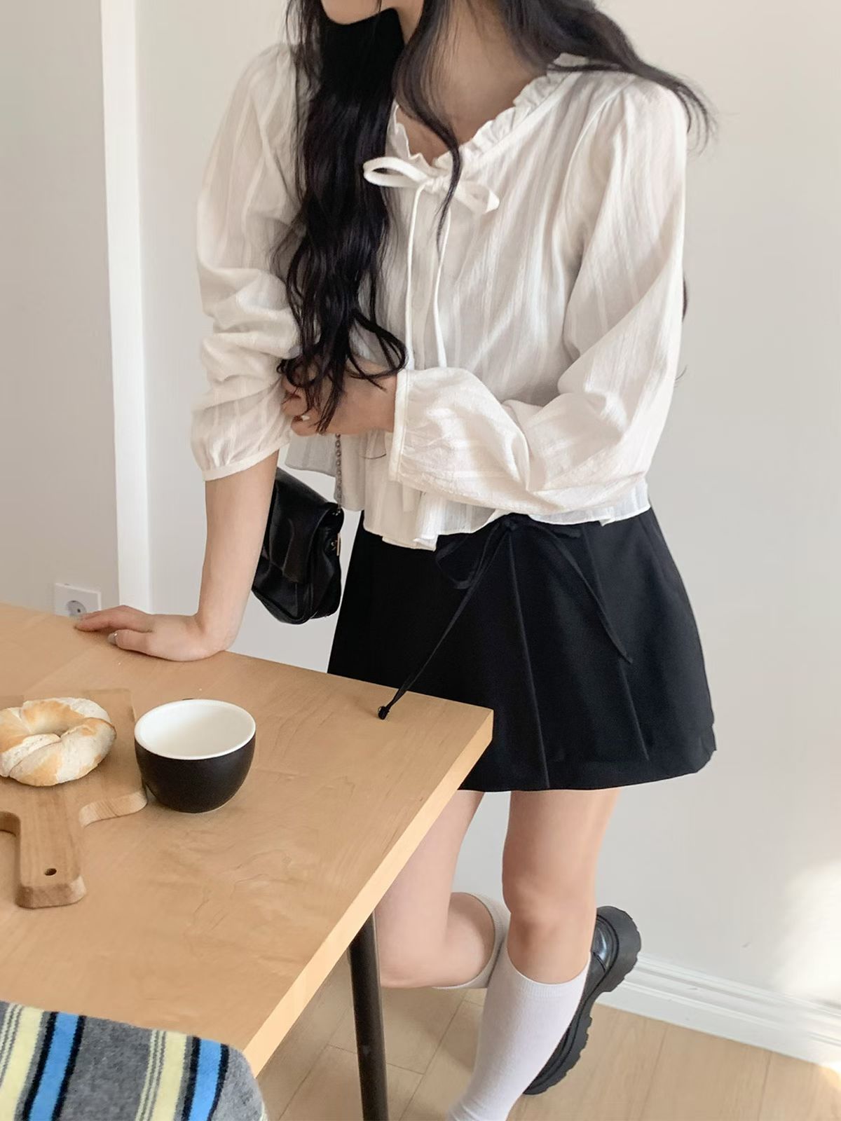 Ruffle Hem Long Sleeve Blouse with Ties