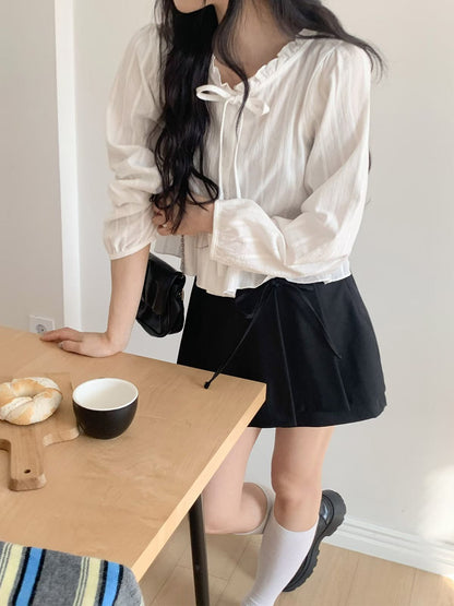 Ruffle Hem Long Sleeve Blouse with Ties