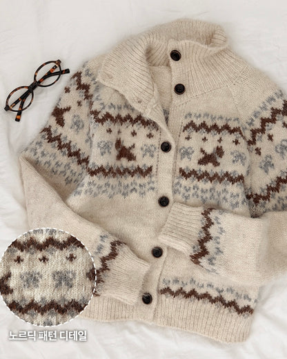 Nordic Rabbit Pattern Wool Knit Polo Cardigan