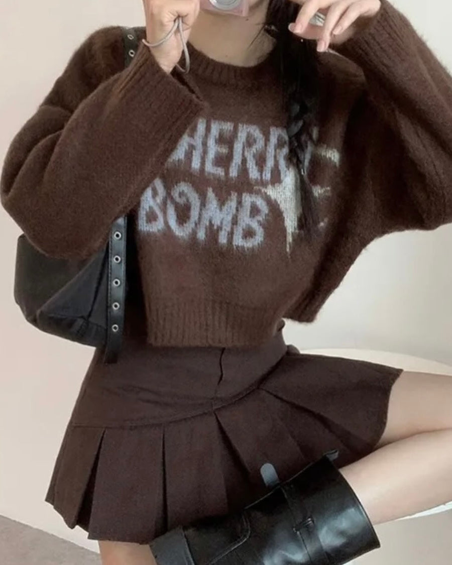 (DEC NEW) Round Neck Cherry Bomb Short Brush Knit