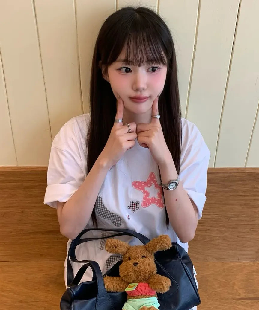 [Ambler] Angel & Star Elements Check Patch Short Sleeve T-shirt (Oversized/ Crop/ 2 Colours)