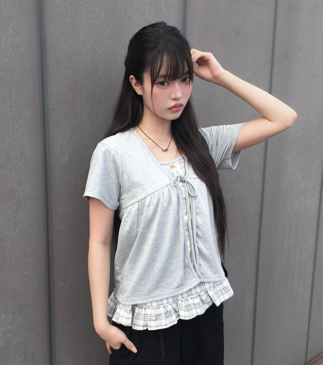 Pretty Check Color Layer Fake Cardigan Top