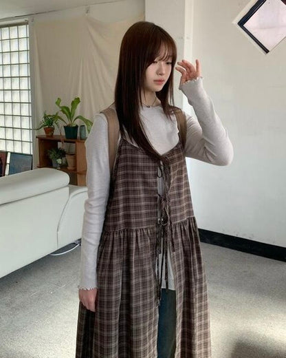 Ribbon Check 2 Way Layering Long Dress Ops