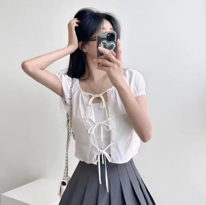 Ribbon Tie Front Puff Sleeve Blouse Cardigan (3Colours)
