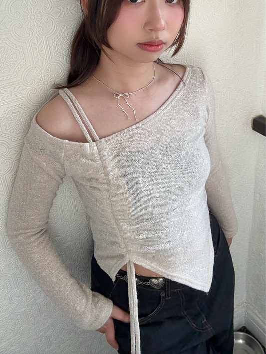 Unbalanced Ribbon Knit Strap Top