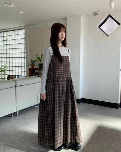 Ribbon Check 2 Way Layering Long Dress Ops