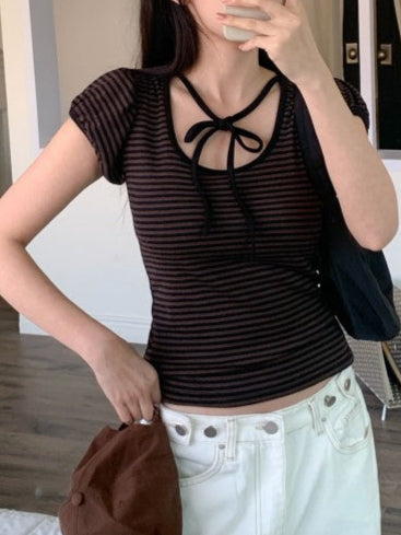 Casual Girly Striped Ribbon T-Shirt