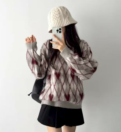 (BF NEW IN) Christmas Vibe Heart Check Knit
