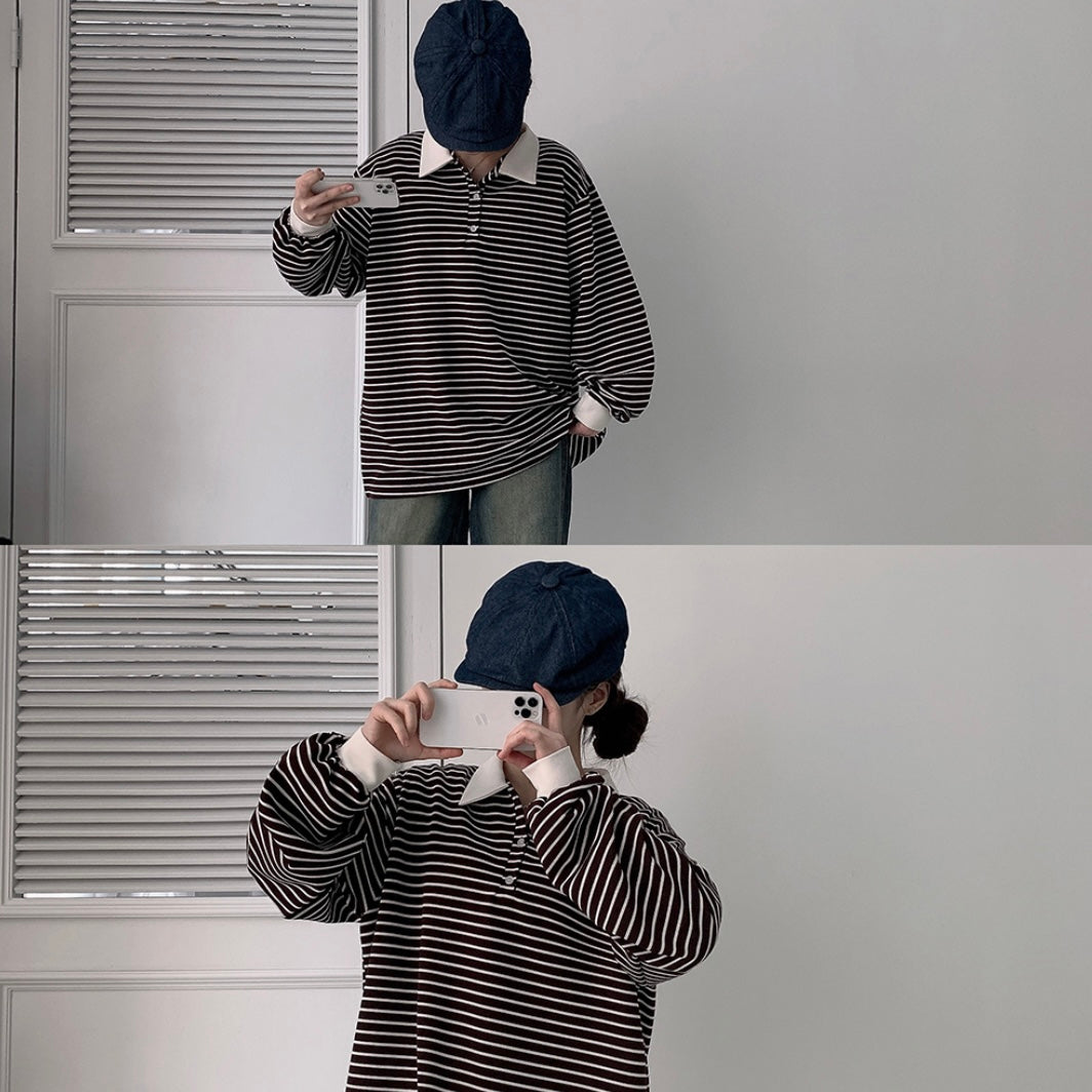 Collar striped long-sleeve top