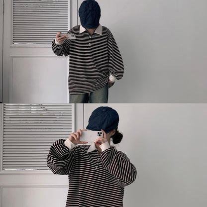 Collar striped long-sleeve top