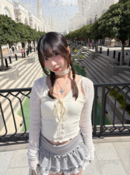 Soft Floral Balletcore Lace Cropped Long Sleeve Cardigan(4 Colours)