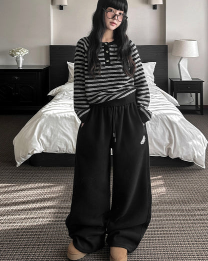 [LOOXP MADE] Sheepskin Short & Long Angel Embroidery Cut-Line Banding Wide Training Long Pants