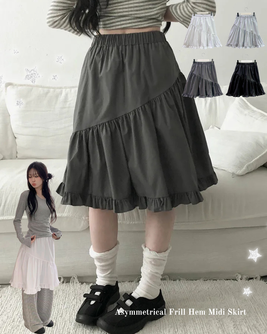 Asymmetrical Frill Hem Midi Skirt