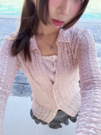 Angelique Sheer Lace Cardigan Top 4 Season (Pink)