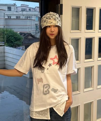[Ambler] Angel & Star Elements Check Patch Short Sleeve T-shirt (Oversized/ Crop/ 2 Colours)