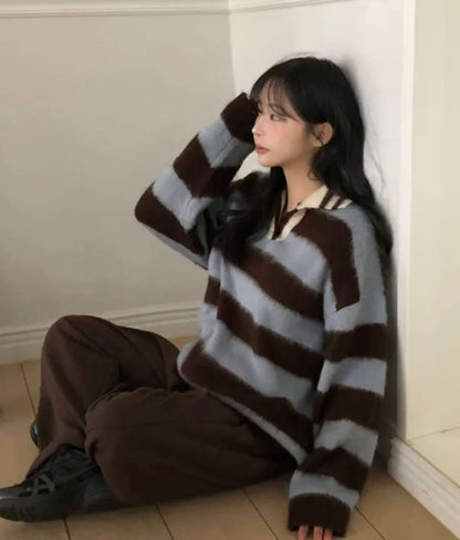 (Preorder) Unisex Collar Brush Striped Knitwear
