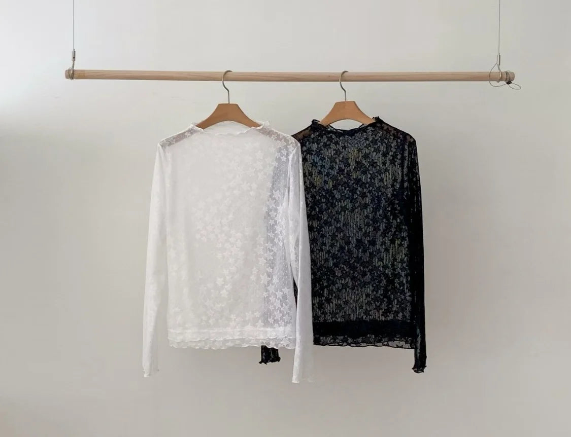 Star Detailed Mesh Lace Ruffle Hem Long Sleeve Top