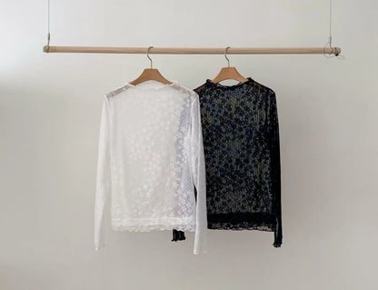 Star Detailed Mesh Lace Ruffle Hem Long Sleeve Top