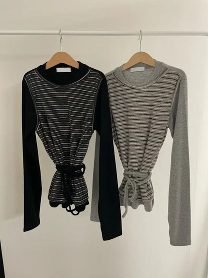 Striped Fake Two Piece Long Sleeve Tie Tee