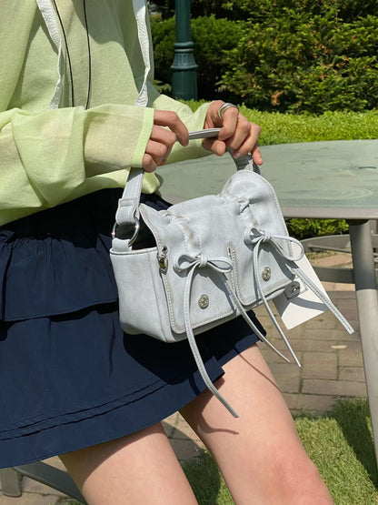 Grey Designer Brand Ribbon Leather Shoulder Bag (Large/Mini)