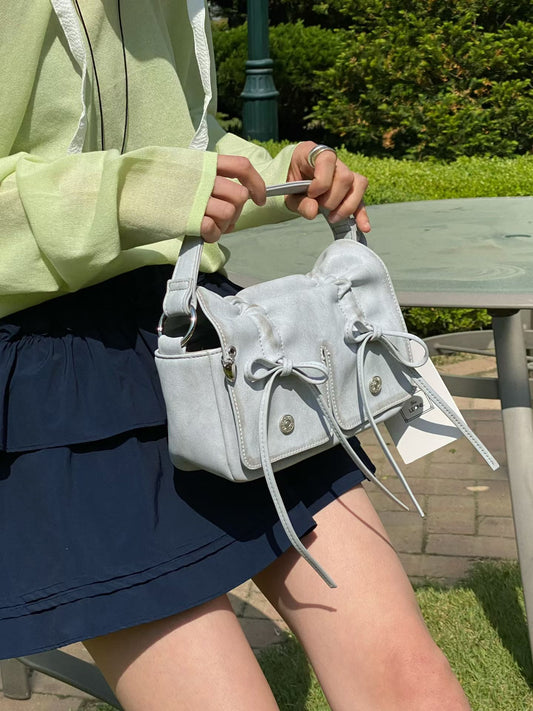 Grey Designer Brand Ribbon Leather Shoulder Bag (Large/Mini)