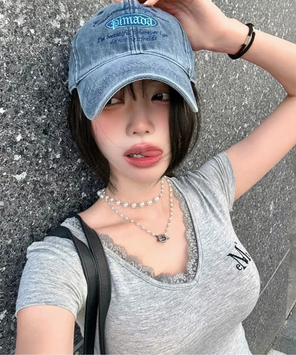 Brand Week Sale -07.13 [Mucent] Sunear Lace V-Neck Short Sleeve T-Shirt (6 Colors)