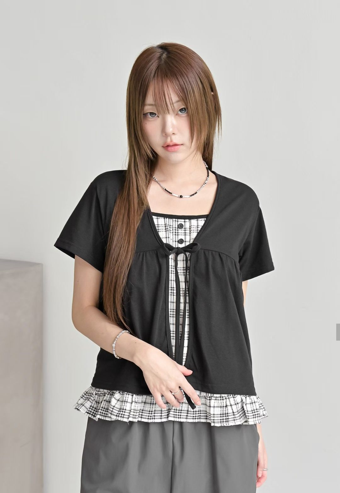 Pretty Check Color Layer Fake Cardigan Top