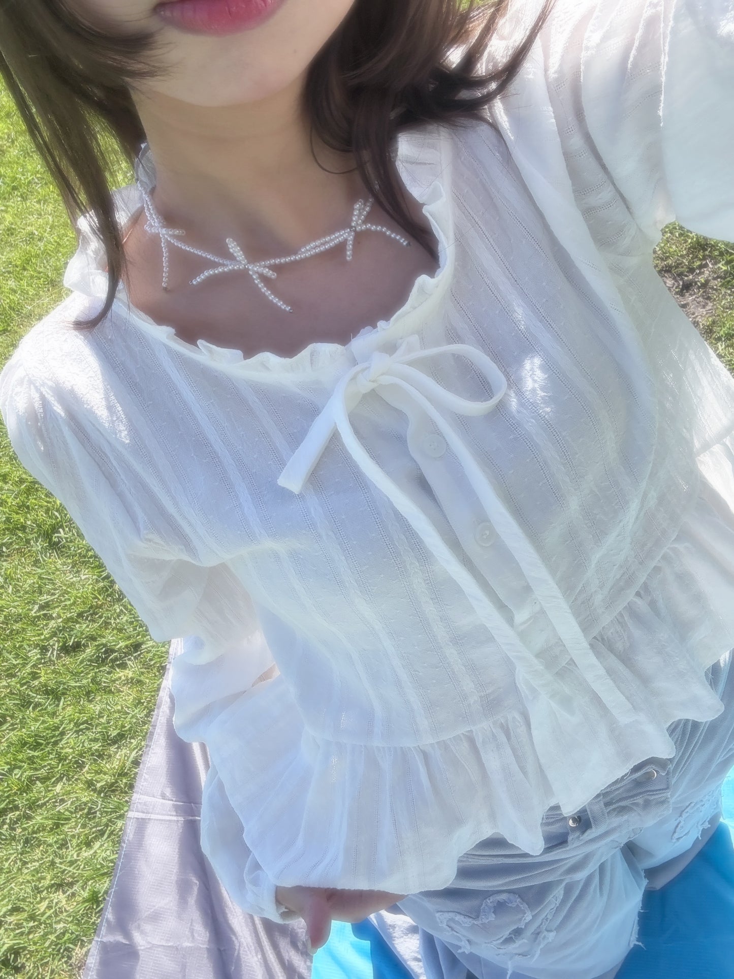 Ruffle Hem Long Sleeve Blouse with Ties