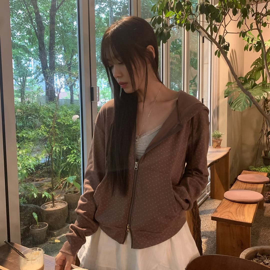 Floral Pattern Hooded Two Way Zip-up Jacket (Brown)