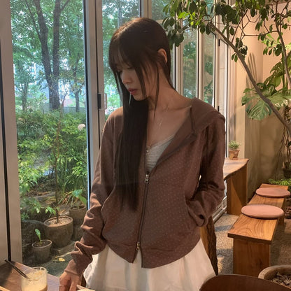 Floral Pattern Hooded Two Way Zip-up Jacket (Brown)