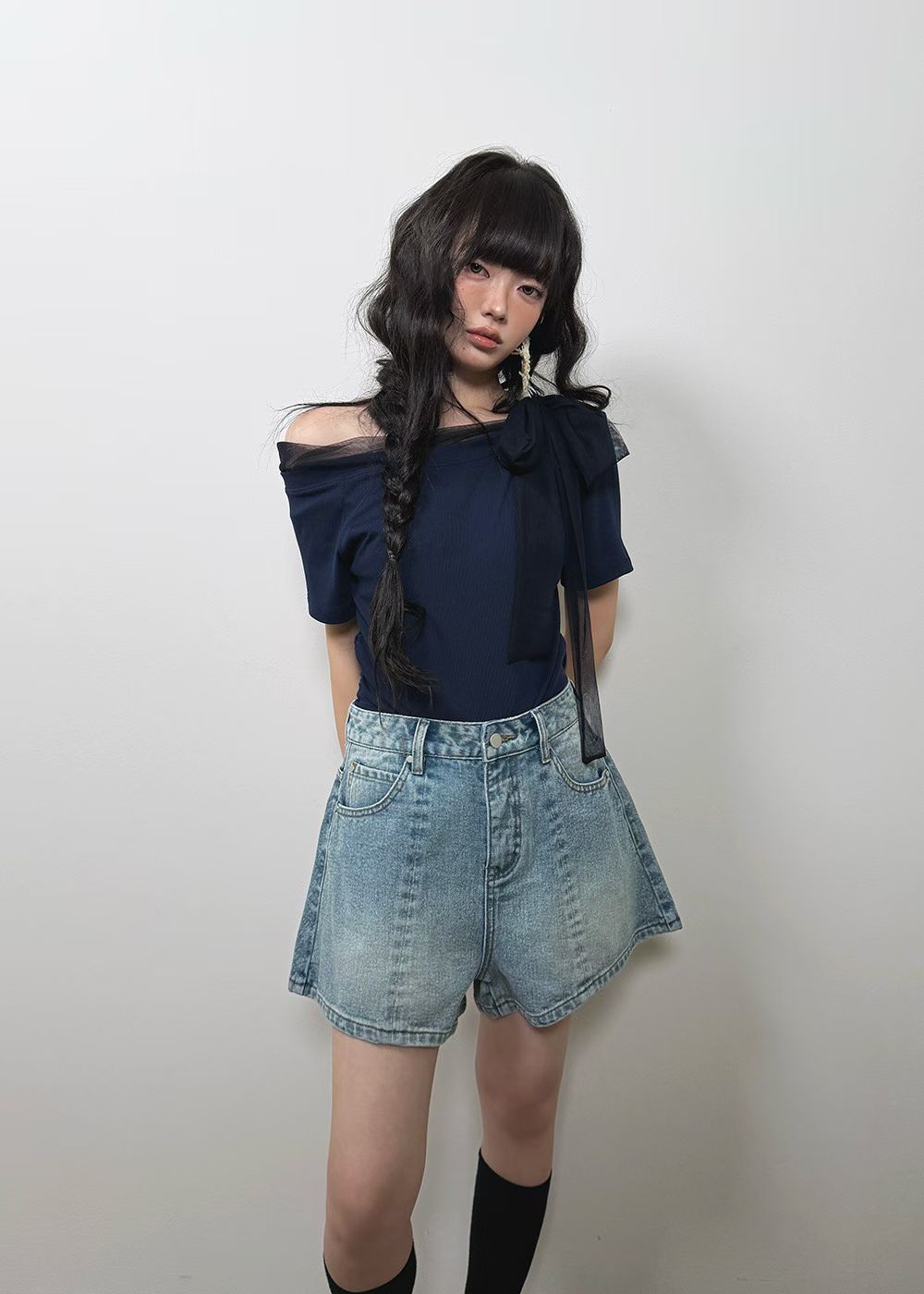 High End Mesh Asymmetrical Bow Off Shoulder Top(3Colours)