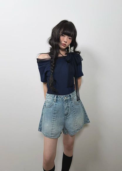 High End Mesh Asymmetrical Bow Off Shoulder Top(3Colours)