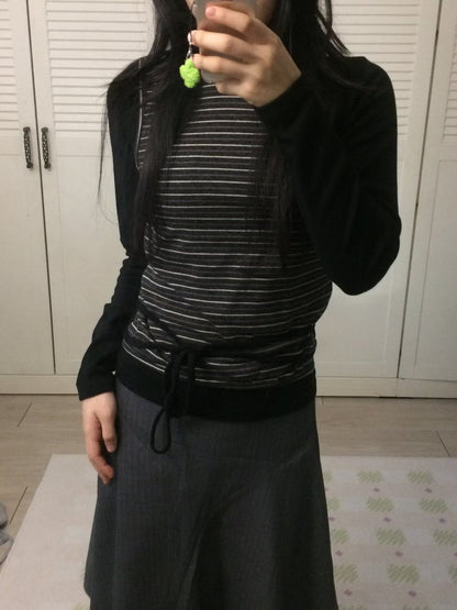 Striped Fake Two Piece Long Sleeve Tie Tee