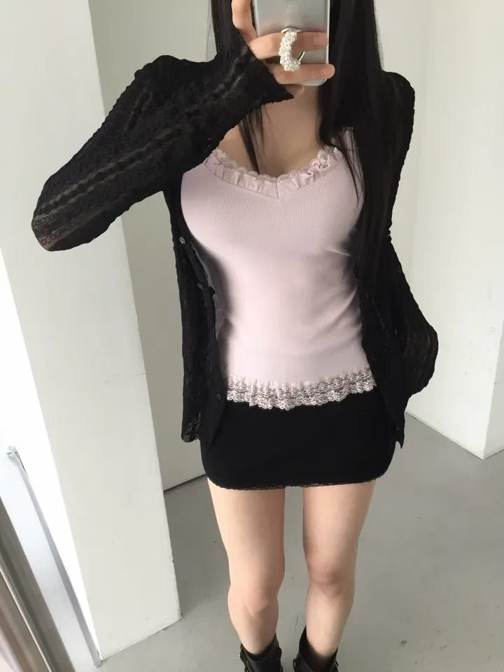 Angelique Sheer Lace Cardigan Top 4 Season (Black)