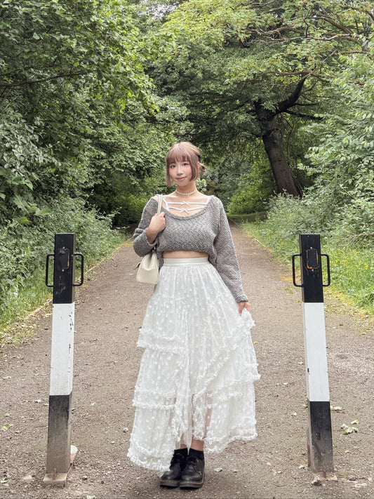 Fairy Ruffle Blossom A-Line Lace Frill Skirt (White)