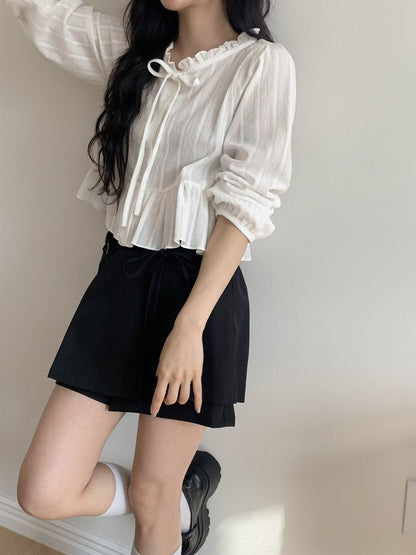 Ruffle Hem Long Sleeve Blouse with Ties