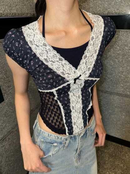 Fairycore Floral Lace Detail Panel Tee (Navy)