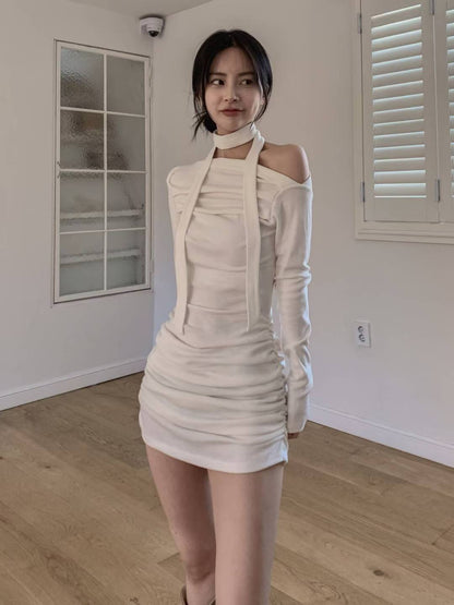 (DEC NEW) Drape with scarf dress set