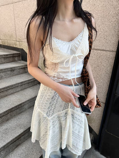 Layered Lace Patchwork Camisole with Bow