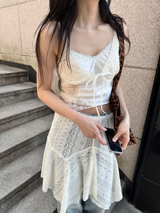 Layered Lace Patchwork Camisole with Bow